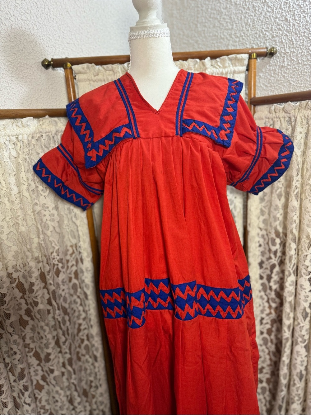Vintage 1970s Handmade Red Cotton Folk Prairie Maxi Dress - Picture 3 of 5